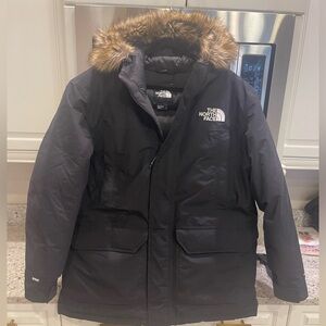 NORTH FACE DRYVENT 550 DOWN PARKA MENS XL BLACK W FUR PTP 27 HEM 33 NWOT PRIME